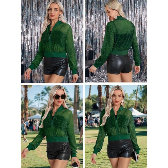 Womens Green Sheer Mesh Sparkly Crop Bomber Jacket Glitter Rave Outfit - Picture 3 of 5